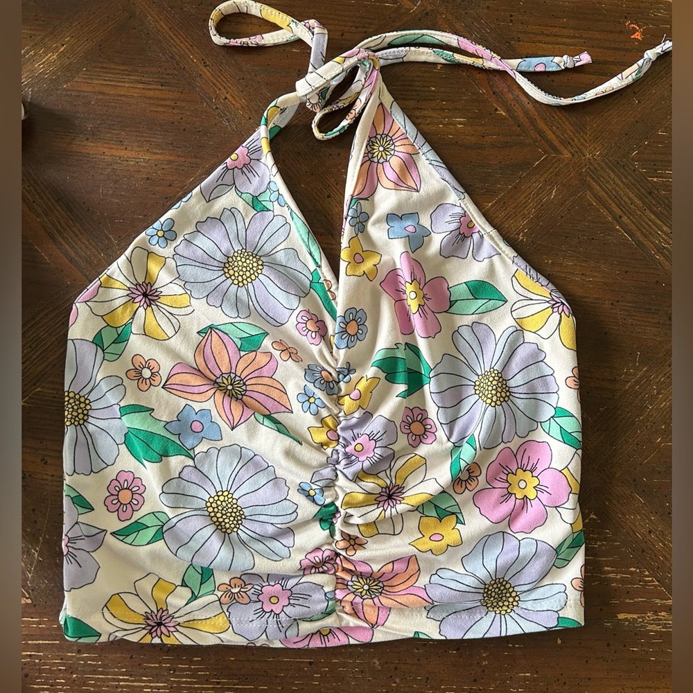 Ribbed Halter Crop Top with Pastel Flowers